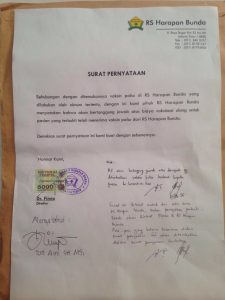 Surat pernyataan RS. Harapan Bunda